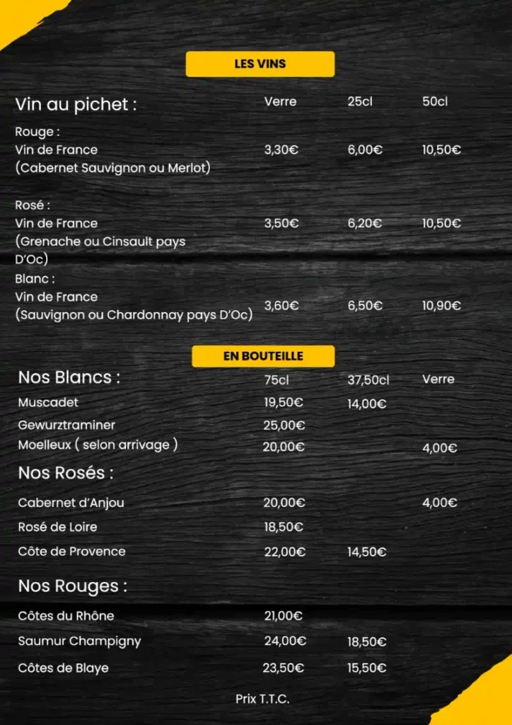 Liste de vins et prix