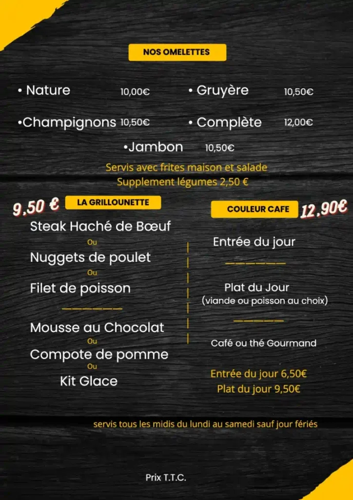 Menu et prix