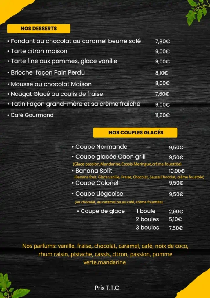 Menu des desserts et prix