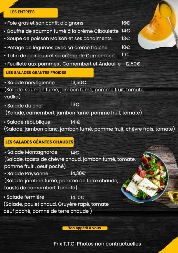 Menu des entrées et prix